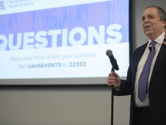 Senior Vice President for Health Sciences Michael D. Dake, MD, answered questions from the audience during a town hall event in Phoenix.