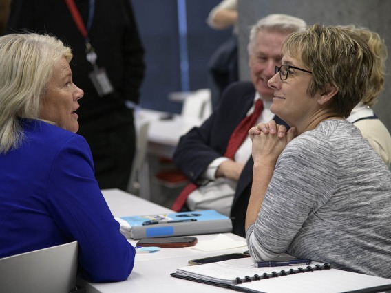 Bev Spink (left), interim senior director of Information Technology Services, was among the attendees at the Phoenix Biomedical Campus town hall event on Jan. 29, 2020.