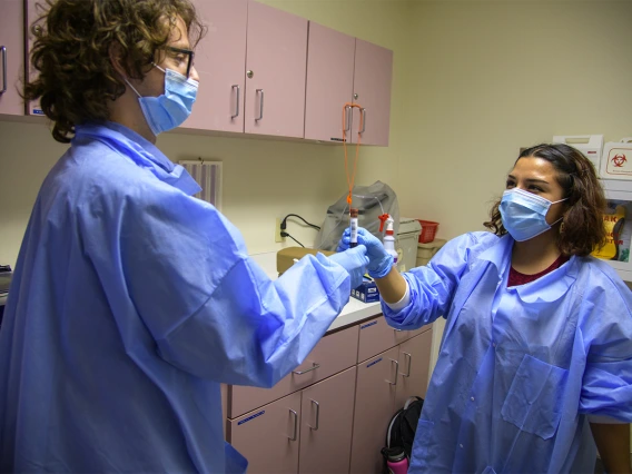 Antibody testing begins shortly after blood is drawn. Emely Mancia-Chavez hands a sample to Josh Newell to start processing the test, searching for antibodies from the COVID-19 virus.