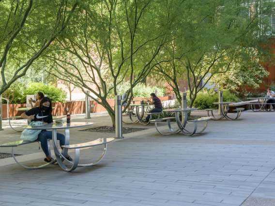 The courtyard between BIO5 and the Bioscience Research Laboratories on the Tucson campus is a favorite place for many people to stop and enjoy food and drink after visiting the nearby Catalyst Café. 