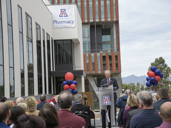 College of Pharmacy Dean Rick Schnellmann, PhD, speaks at the grand opening and ribbon cutting of the expanded and renovated Skaggs Center.
