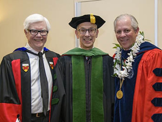 Dr. Slepian was inducted Jan. 13 as a Regents’ Professor. Pictured at the event with sociology professor Albert J. Bergesen, PhD (left), and University of Arizona President Robert C. Robbins, MD (right).