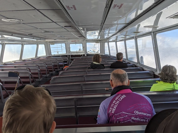 The riders took a ferry from Michigan mainland to Mackinac Island, where no motorized vehicles are permitted. The group practiced social distancing on the ferry.