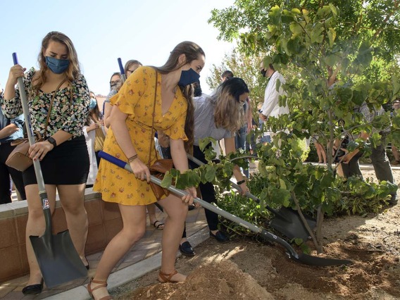 Medical student Ruby Kerwin (yellow) gently deposits her shovel-full of dirt at the base of the tree honoring those who donated their bodies for the medical student’s education. 
