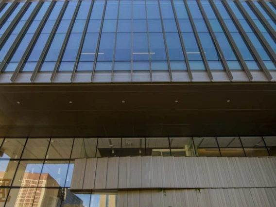 The south-facing exterior of the building features expansive views, and the upper floors are fitted with SageGlass. The material works like photochromic glasses that automatically darken when exposed to sunlight. They help block excess light while allowing views of summertime monsoons, soaring hawks and the Santa Rita Mountains.