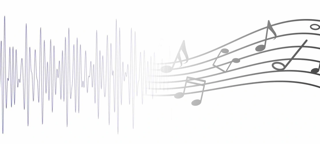 EEG lines of brain waves morph into a musical score with music notes