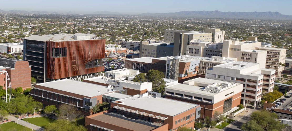 An aerial photo of the University of Arizona Health Sciences buildings and Banner - University Medical Center Tucson hospital.
