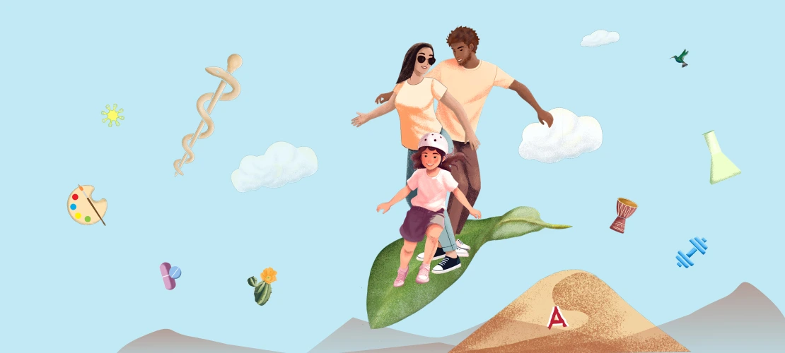 A colorful graphic shows two parents and a child flying on a leaf over desert mountains. The image includes illustrations representing art, science and medicine along with text for an event name and date.