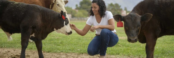 Smiling woman on farm with tagged cows