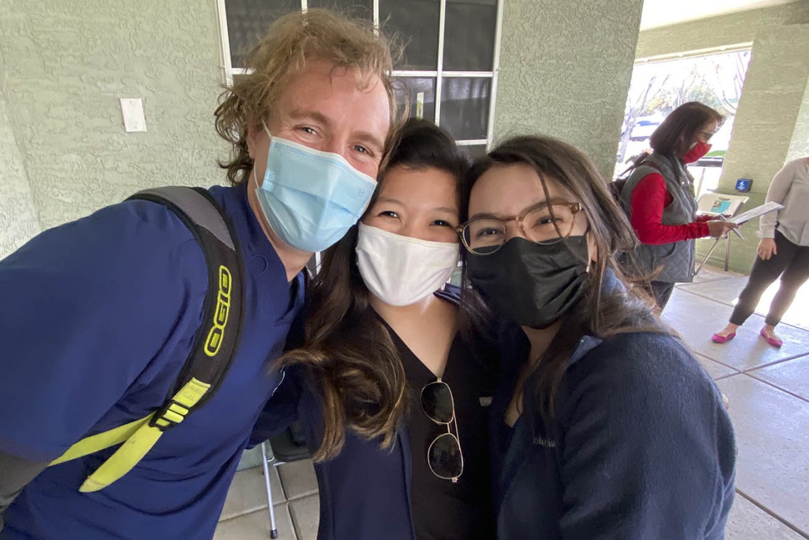 First-year College of Medicine – Phoenix classmates Colton Cowan, Bernice Alcanzo and Alexis Montoya celebrate a successful day volunteering with a pilot vaccine distribution program in a predominately Spanish-speaking area of metro Phoenix.