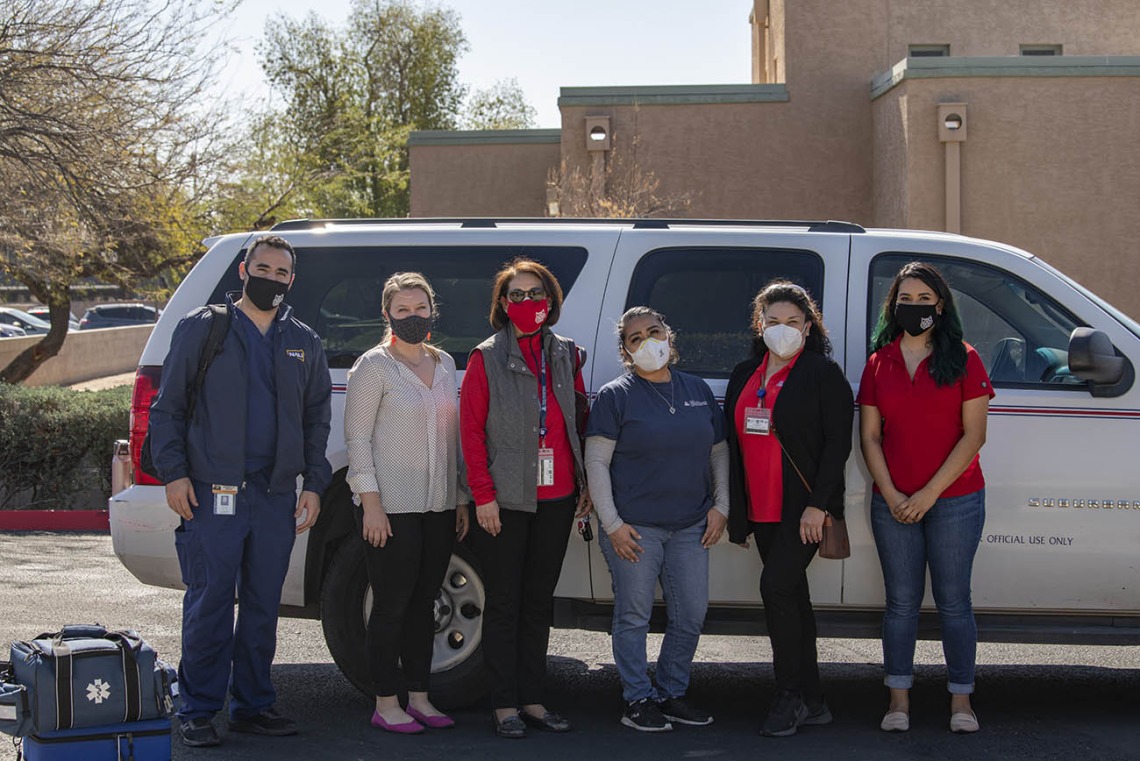 The Primary Prevention Mobile Health Unit from the Mel and Enid Zuckerman College of Public Health in Phoenix after piloting a vaccination program at El Mirage Senior Village in El Mirage, Arizona. Left to right: Jeffery Hanna; Maricopa County Department of Public Health liaison Mackenzie Tewell; Associate Dean of Community Engagement and Outreach – Phoenix Programs Cecilia Rosales, MD; Alma Ramirez; Maria Jaime; and Maryell Martinez.