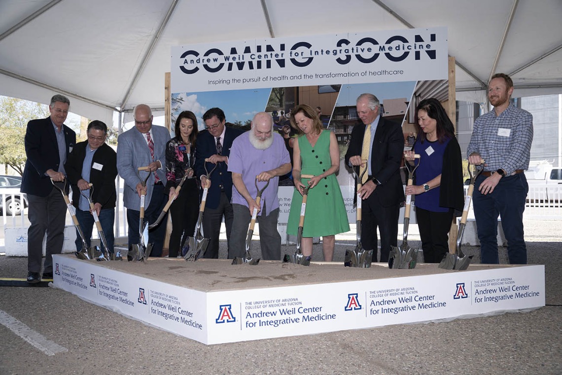 Preparing for the ceremonial ground breaking of the Andrew Weil Center for Integrative Medicine are (from left) Peter Dourlein, UArizona assistant vice president, Planning Design and Construction; Henry Tom, Line and Space architects; JP Roczniak, president and CEO of the UArizona Foundation; Lisa Rulney, senior vice president for Business Affairs and CFO; Michael Abecassis, MD, dean of the College of Medicine – Tucson; Andrew Weil, MD, founder of the Weil Center; Victoria Maizes, MD, executive director of 
