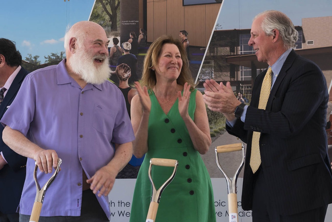 (From left) Andrew Weil, MD, Victoria Maizes, MD, and UArizona President Robert C. Robbins, MD, celebrate after breaking ground for the Andrew Weil Center for Integrative Medicine on the University of Arizona Health Sciences campus in Tucson.