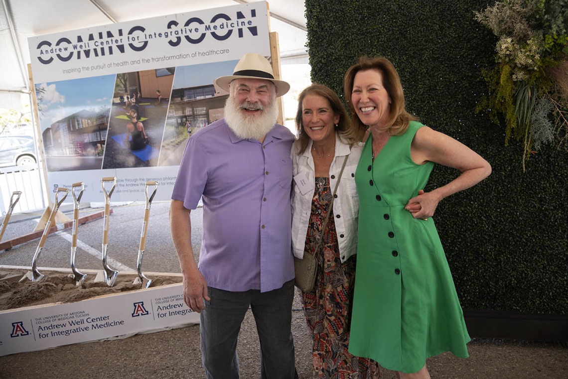 (From left) Andrew Weil, MD, Karin Malkin and Victoria Maizes, MD, pose for a photo after the groundbreaking ceremony for the Andrew Weil Center for Integrative Medicine on the University of Arizona Health Sciences campus in Tucson.