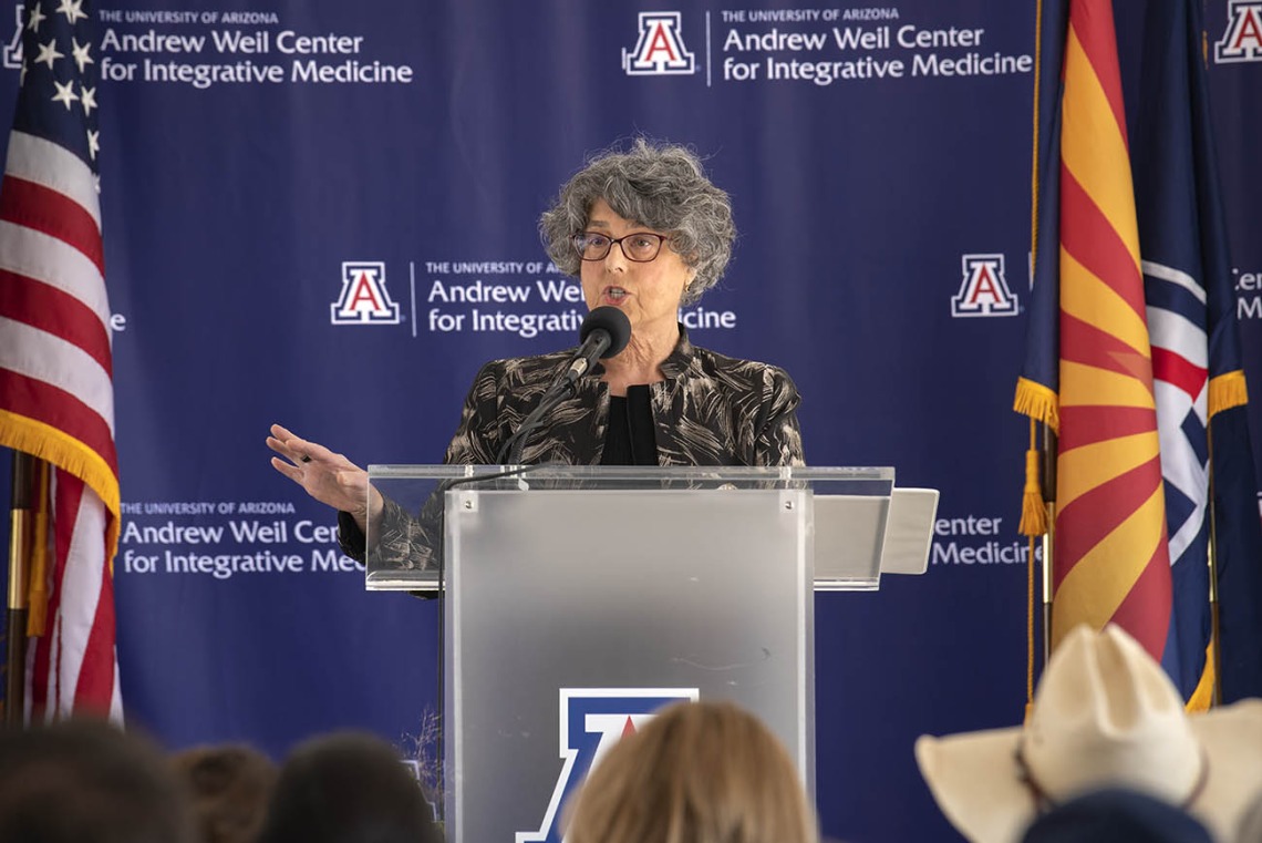 Esther Sternberg, MD, director of research at the Andrew Weil Center for Integrative Medicine, explains how the new facility will include three buildings surrounded by desert gardens and linked by a series of pathways. It was designed to embody the center's ethos of whole-person wellness and the principles of integrative health. Construction is scheduled to begin in May and be completed by fall 2023. 