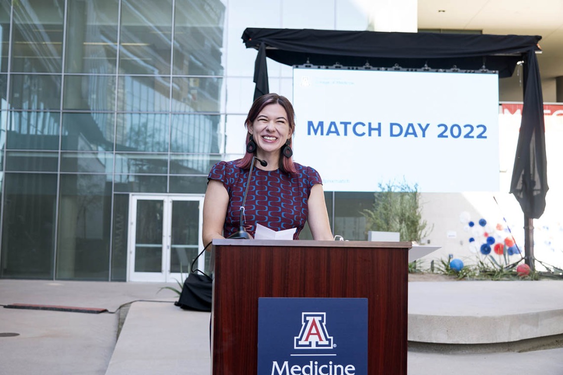 Megan Cadigan announces she matched in family medicine at Kaiser Permanente in San Diego during the UArizona College of Medicine – Phoenix Match Day 2022 event.