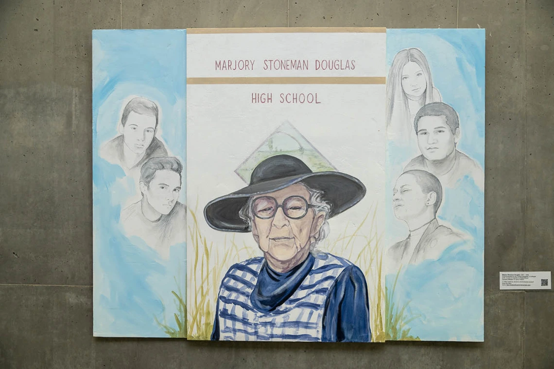 Marjory Stoneman Douglas (1890-1998) — Marjory Stoneman Douglas was a journalist and a pioneering environmentalist who helped defend the Florida Everglades. She founded the Friends of the Everglades in 1969 at the age of 79. She was also a suffragette in the early 1900s and an advocate for racial equality. (Acrylics and graphite on plaster/wood, by Suzanne Whitaker and Lainey Prather)