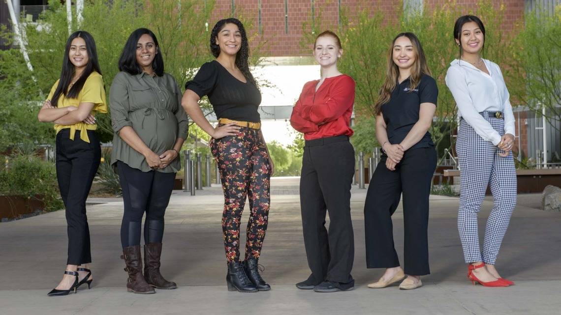 Several graduates of the Pharmaceutical Sciences program have banded together to launch a startup based on their discoveries. From left: Isobelle Santos (science team), Vani Verkhovsky (business team), Jaesa Strong (CEO), Christina Moehring (CSO), Ariana Machado (business team), Samantha Dando (business team).