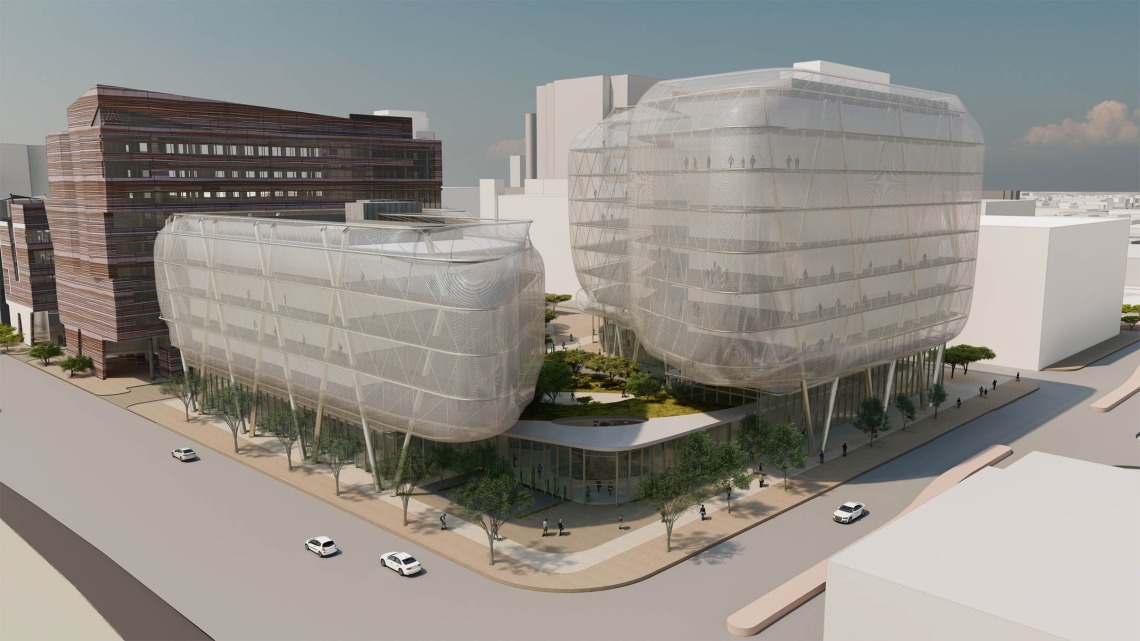 A rendering of the proposed Center for Advanced Molecular and Immunological Therapies building on the Phoenix Bioscience Core, looking at the Bioscience Partnership Building on the left. The view is from the intersection of 7th St. and Fillmore.
