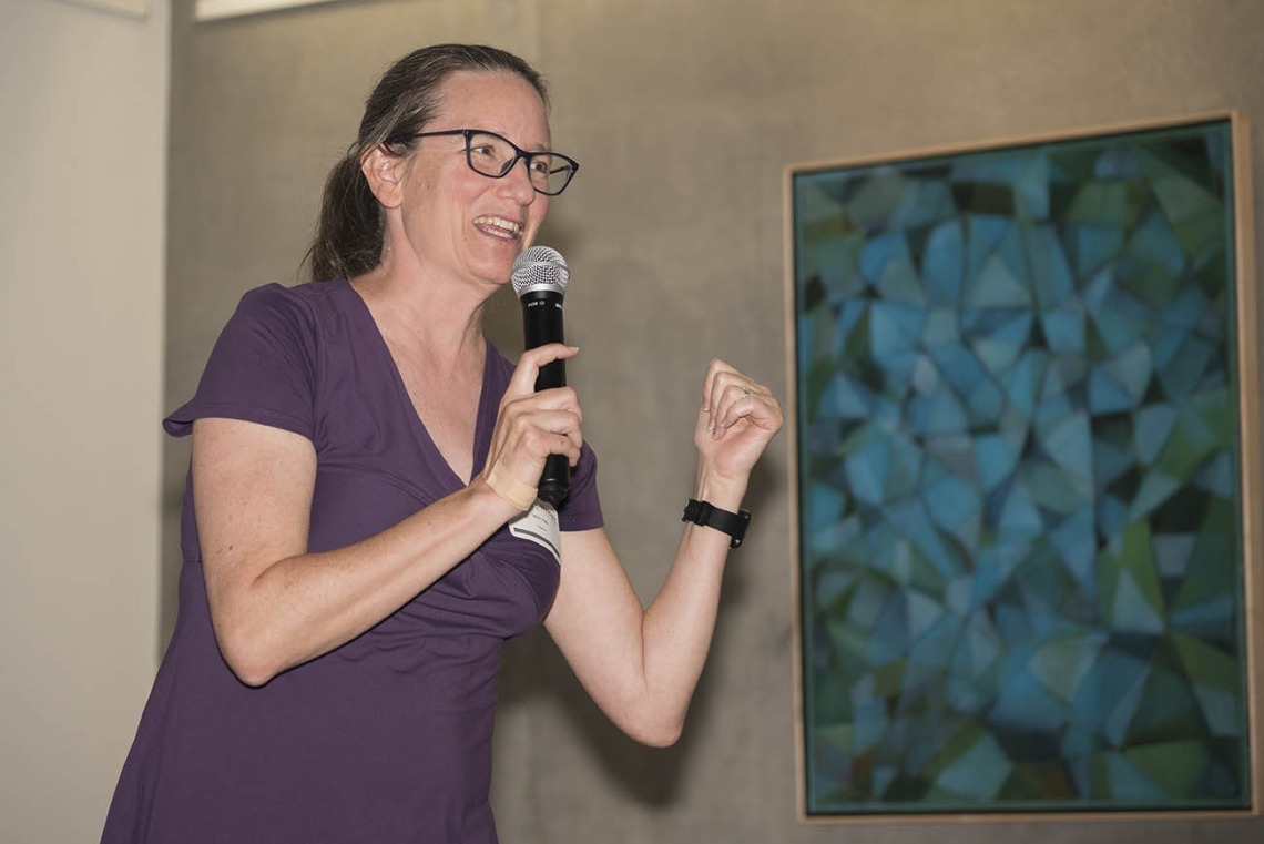 Taben Hale, PhD, an associate professor in the College of Medicine – Phoenix, talks about her research and collaboration with artist Mark Pomilio during the public opening of the Artist + Researcher exhibition.