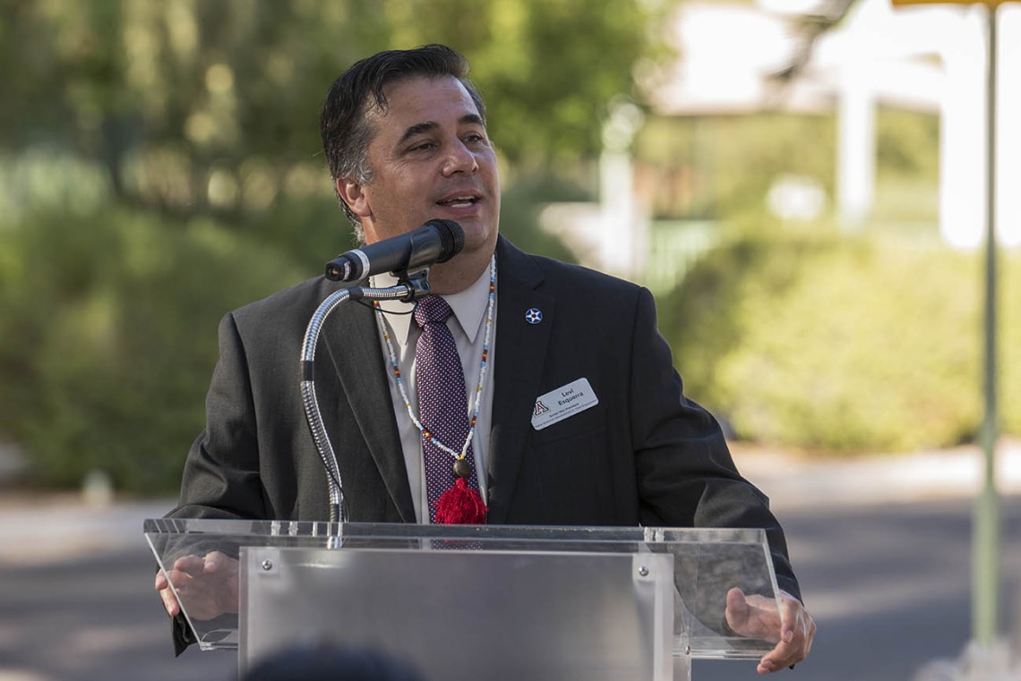Nathan Levi Esquerra, University of Arizona senior vice president for Native American advancement and tribal engagement, speaks during the renaming ceremony for what is now the Wassaja Carlos Montezuma Center for Native American Health.