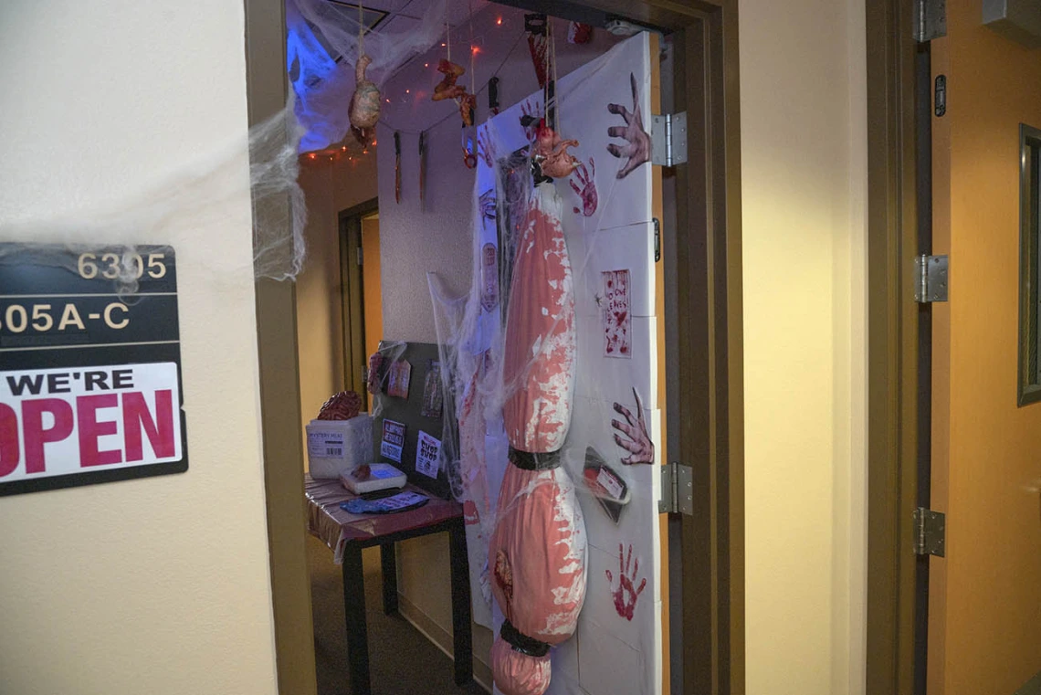 While it is called the Thomas D. Boyer Liver Institute, there is no lack of other organs adorning this door – not to mention the bloodied body bag hanging from the door. 