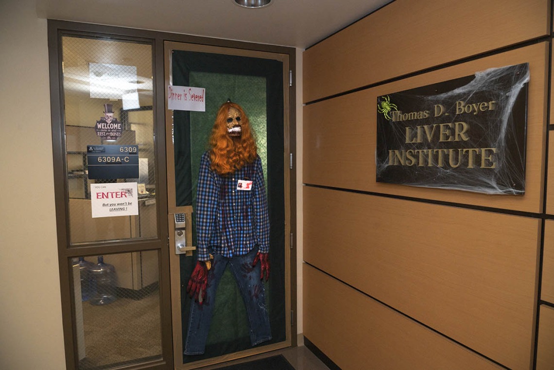 Visitors are welcome at the Thomas D. Boyer Liver Institute, but they may not want to enter after seeing the new doorman watching over things this Halloween.