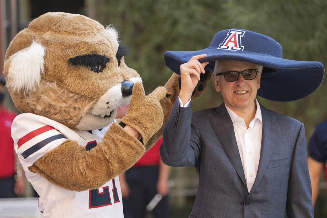 With a big gift comes the honor of wearing Wilber’s big hat, as Coit discovered during the celebration of his $50 million gift and naming of the R. Ken Coit College of Pharmacy. 