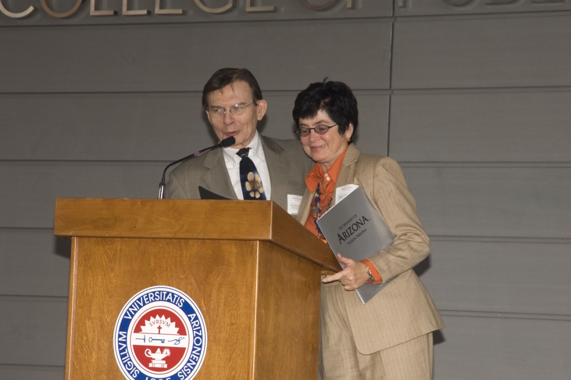 University of Arizona President Peter Likins, PhD, and Dean G. Marie Swanson, PhD, MPH, speak at the 2006 grand opening of Roy P. Drachman Hall.