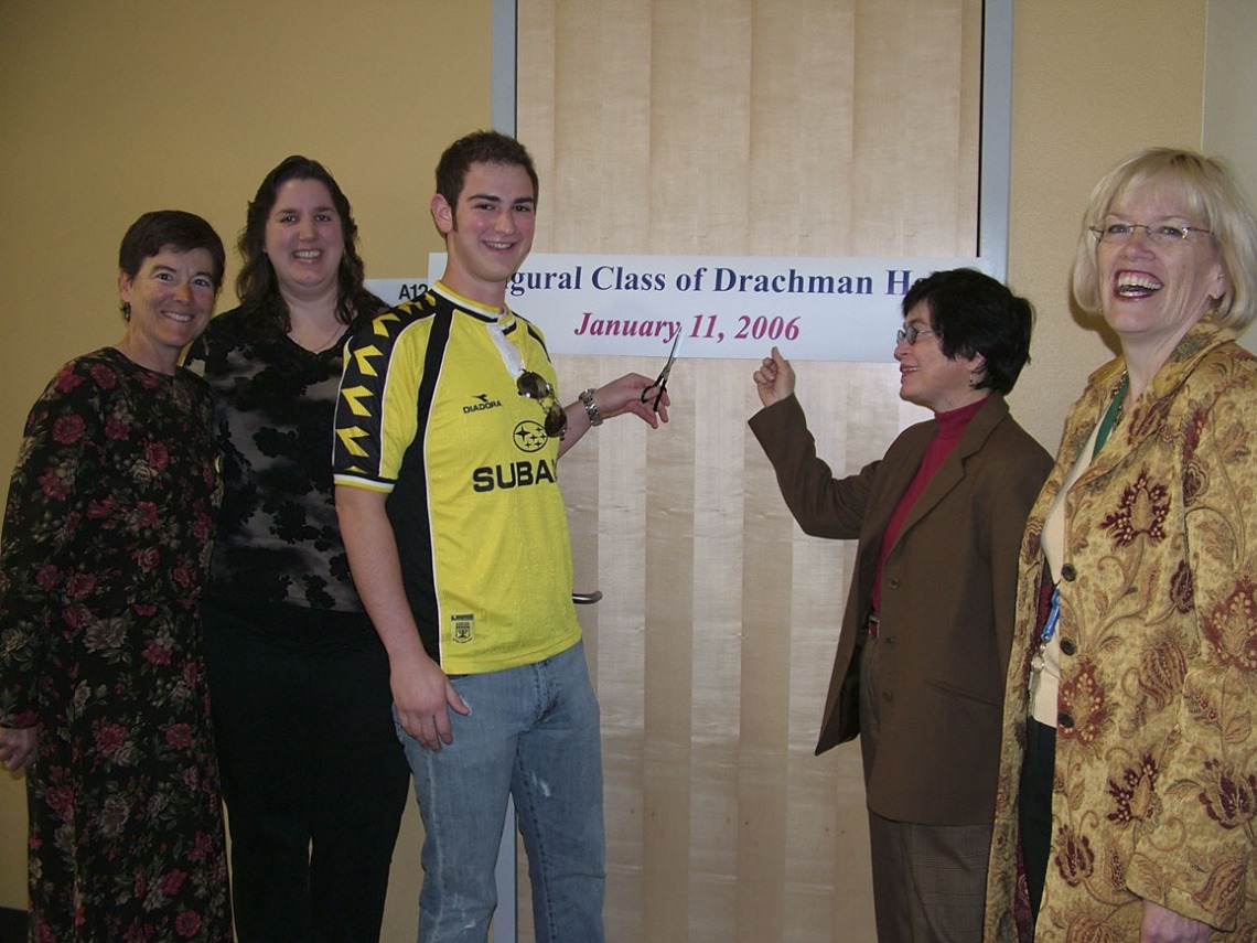 Students and faculty pose for a photo on the first day of class January 11, 2006. Pictured from left: Denise Roe, DrPH; Darlene Lopez; a student; Dean G. Marie Swanson, PhD, MPH; Chris Tisch.