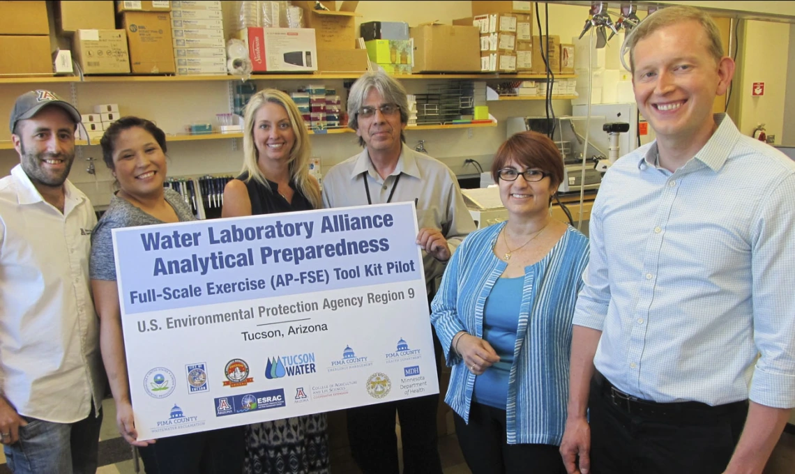 The team at the Environment, Exposure Science and Risk Assessment Center help test new laboratory procedures during a simulated emergency water contamination scenario in June 2016.