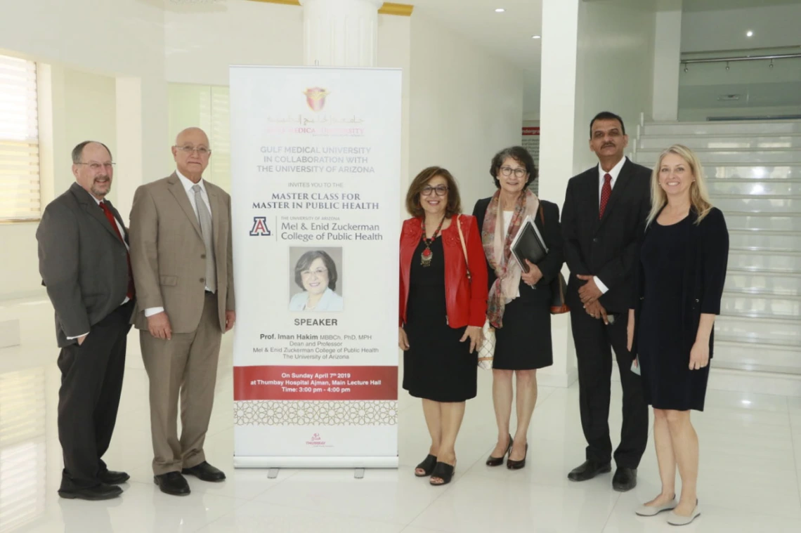 Dean Iman Hakim, MD, PhD, MPH, speaks at Gulf Medical University, Ajman, United Arab Emirates, in 2018.