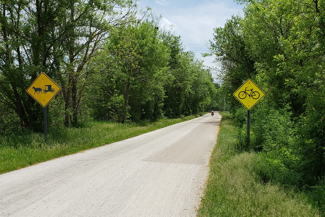 A sign marks the trial as suitable for bicycles and horse-drawn buggies in Ohio.