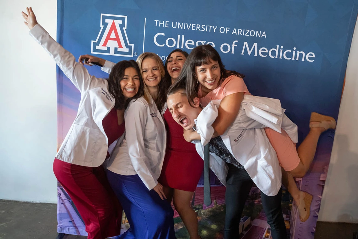 Jessmin Fernandez, Lauren Troeger, Tara Ghalambor, Austin Sherwood and Maëliss Gelas enjoy a moment of levity at the ceremony.