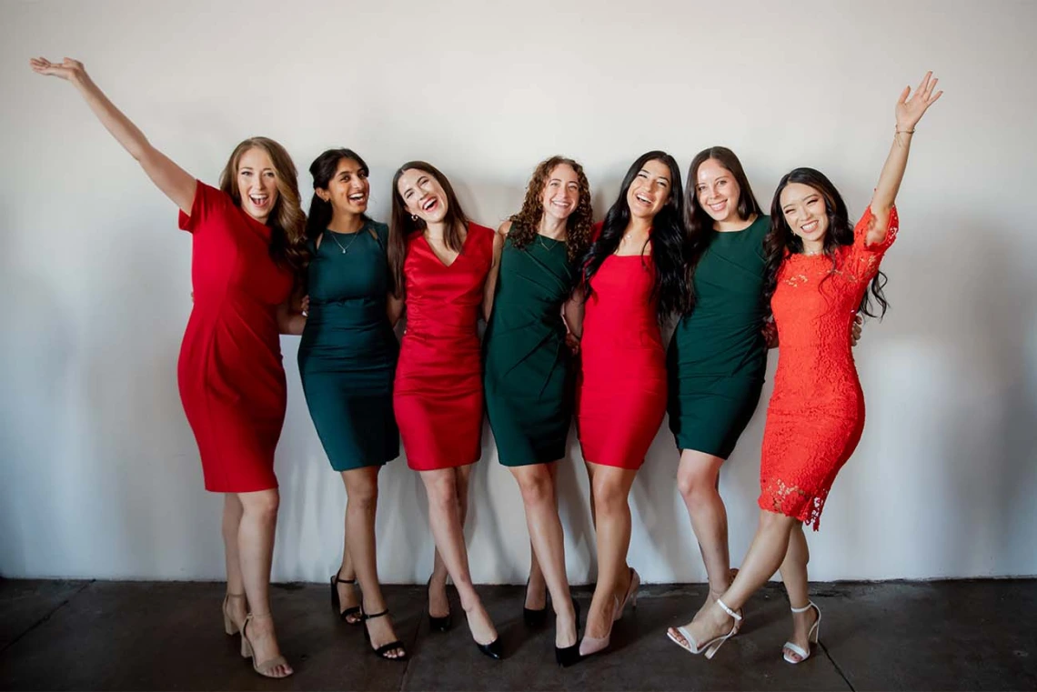 From left, Isabel Strouse, Meghna Jayaraman, Hannah Tolson, Sarah Nelson, Daniela Parga, Danielle Wenger and Maxine Yang celebrate before their long-awaited white coat ceremony.