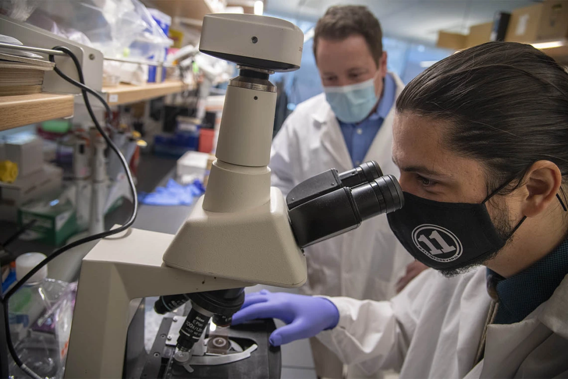 Doctoral student Corbin Jensen (right), alongside Noel Warfel, PhD, takes his research under the microscope. 