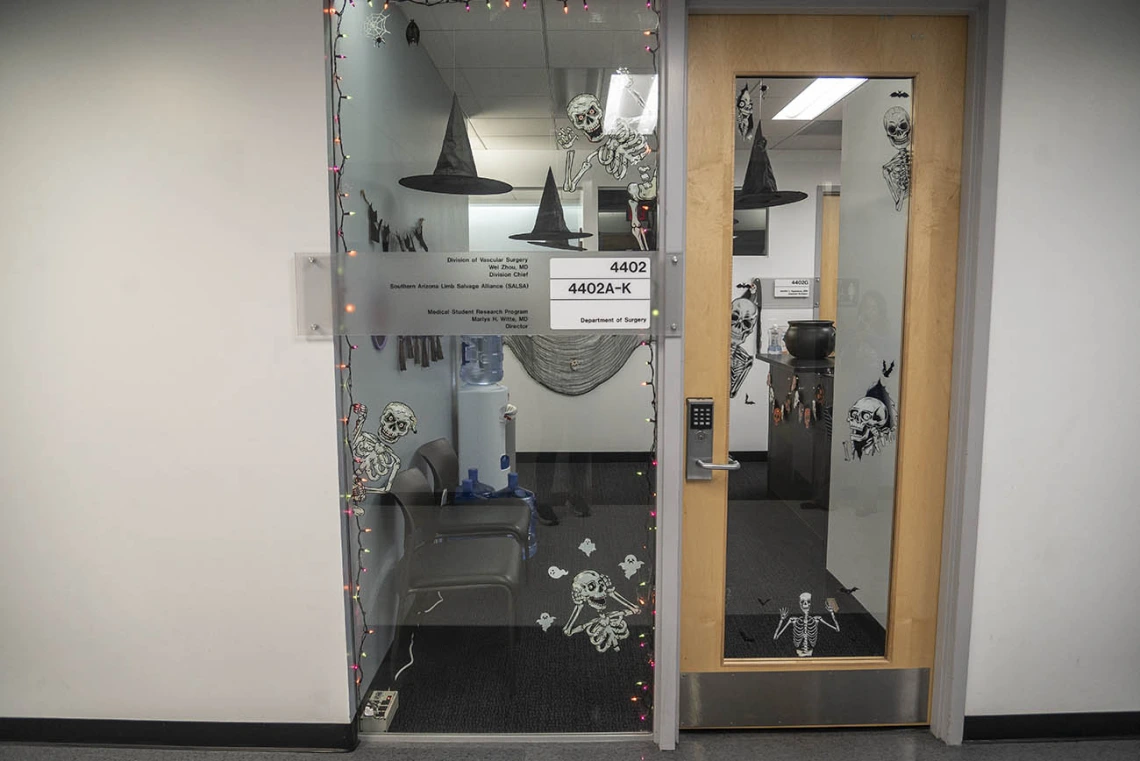 Looking through a closed glass door and sidelight covered with Halloween skeletons and witch's hats. 