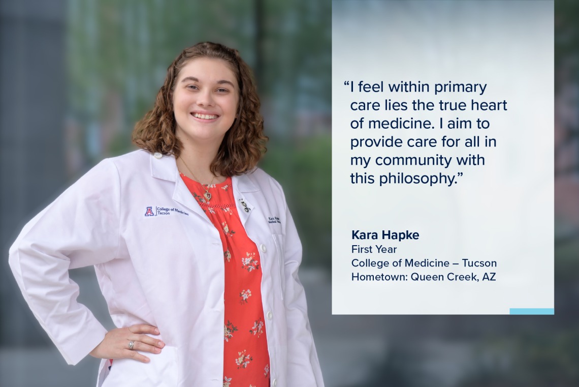 Portrait of Kara Hapke, a young woman with shoulder-length brown hair wearing a white medical coat, with a quote from Hapke on the image that reads, "I feel within primary care lies the true heart of medicine. I aim to provide care for all in my community with this philosophy."