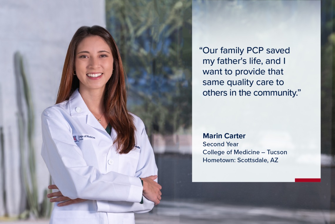 Portrait of Marin Carter, a young woman with long dark hair wearing a white medical coat, with a quote from Carter on the image that reads, "Our family PCP saved my father's life, and I want to provide that same quality care to others in the community."