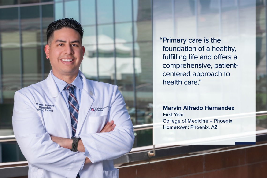Portrait of Marvin Hernandez, a young man with short dark hair wearing a white medical coat, with a quote from Hernandez on the image that reads, "Primary care is the foundation of a healthy, fulfilling life and offers a comprehensive, patient-centered approach to health care."