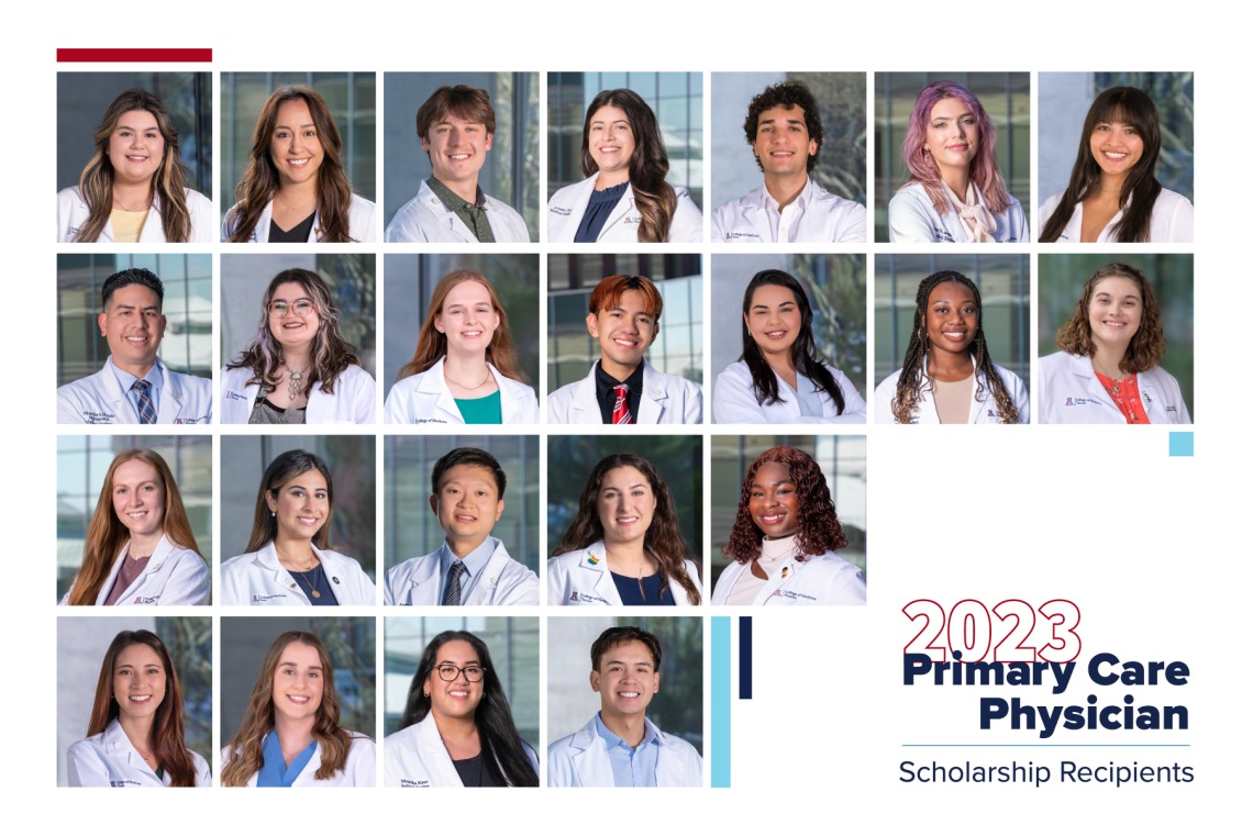 Graphic with 23 small portraits of medical students in their white coats with the text, "2023 Primary Care Physician Scholarship Recipients." 