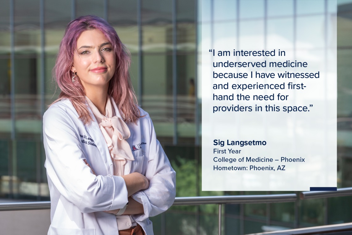 Portrait of Sig Langsetmo, a young woman with long purple and pink hair wearing a white medical coat, with a quote from Langsetmo on the image that reads, "I am interested in underserved medicine because I have witnessed and experienced first-hand the need for providers in this space."