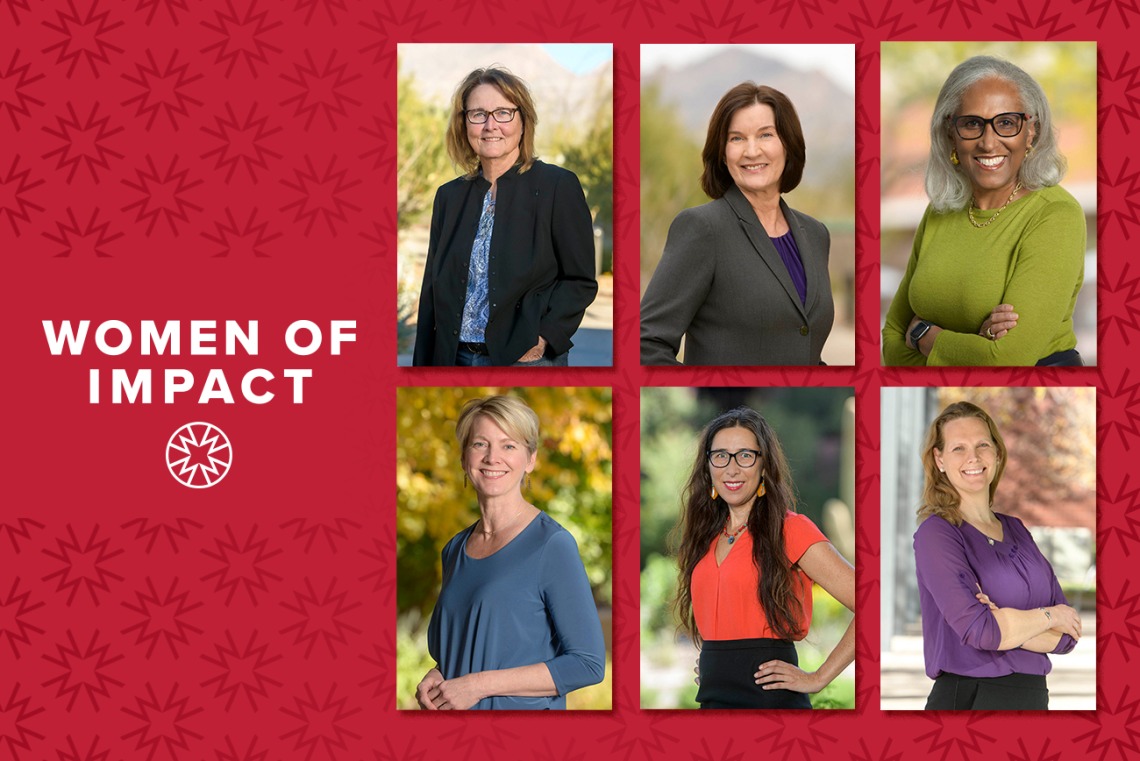 A rectangle image with six portraits of women with the words, "Women of Impact".