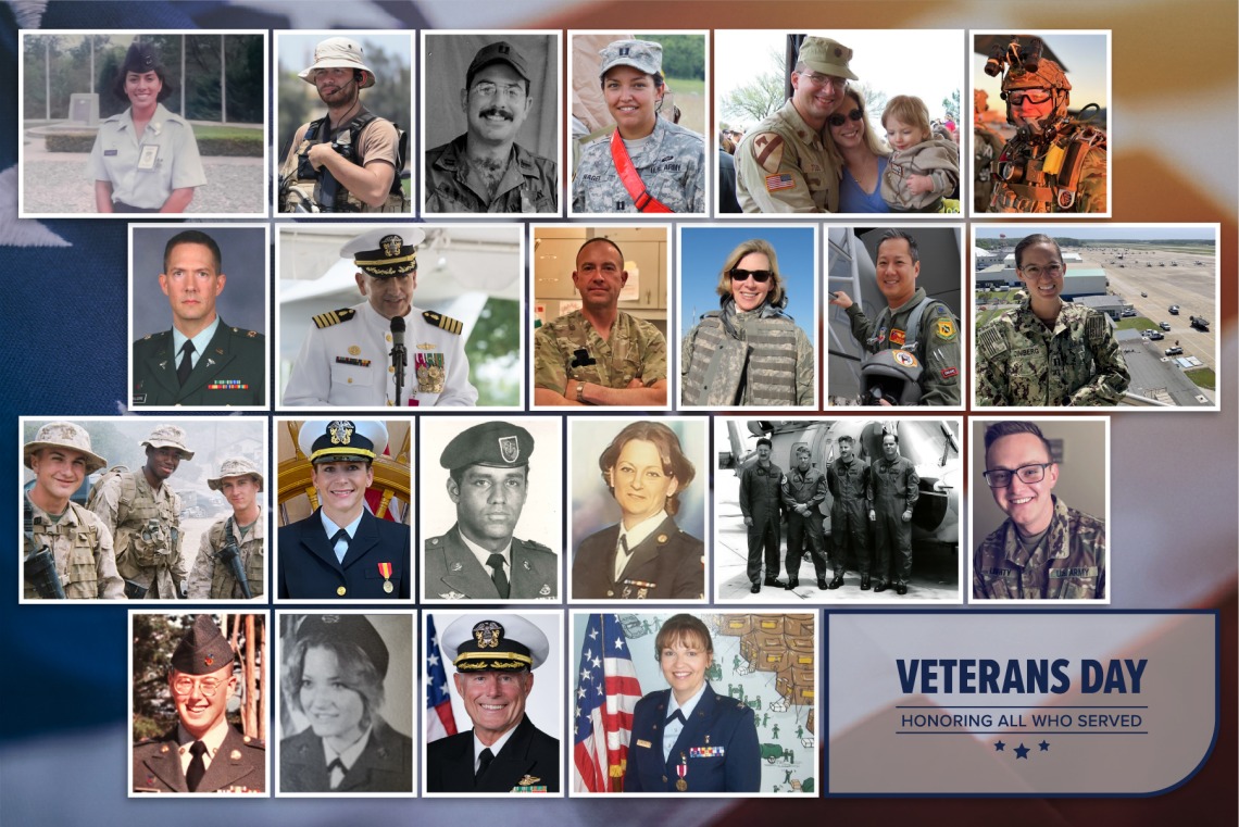 Poster with about two dozen photos of men and women in milatary uniforms, some old photos, with text on the poster that reads, "Veterans Day, honoring all who served."