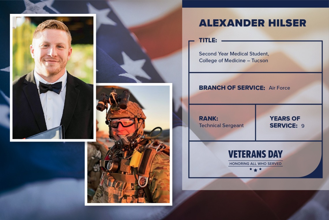 Poster with two photos of Alexander Hilser, one current and one of him in uniform. Text on image has his name and this information: "Second year medical student, College of Medicine – Tucson. Branch of Service: Air Force; Rank: Technical sergeant; years of Service: 9."