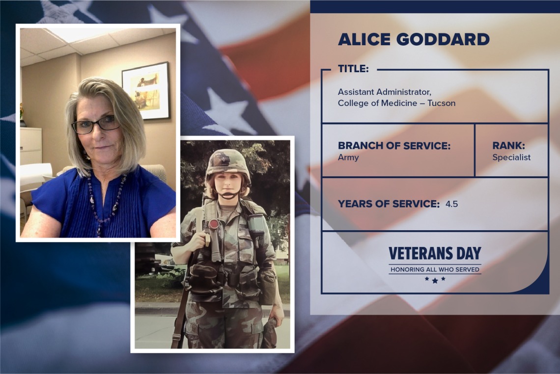 Poster with two photos of Alice Goddard, one current and one of her in uniform. Text on image has her name and this information: "Assistant administrator, College of Medicine – Tucson. Branch of Service: Army; Rank: Specialist; years of Service: 4.5."