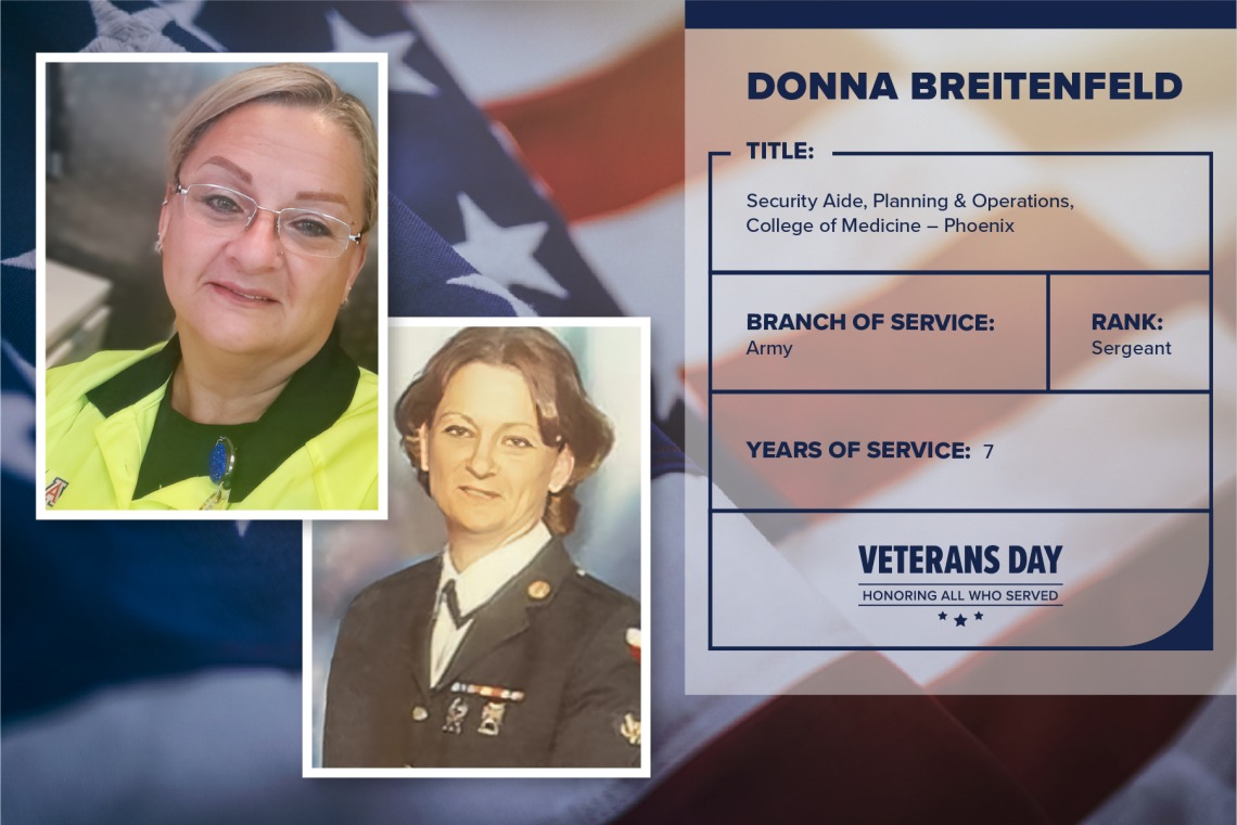 Poster with two photos of Donna Breitenfeld, one current and one of her in uniform. Text on image has her name and this information: "Security aide, Planning and Operations, College of Medicine – Phoenix. Branch of Service: Army; Rank: Sergeant; years of Service: 7."