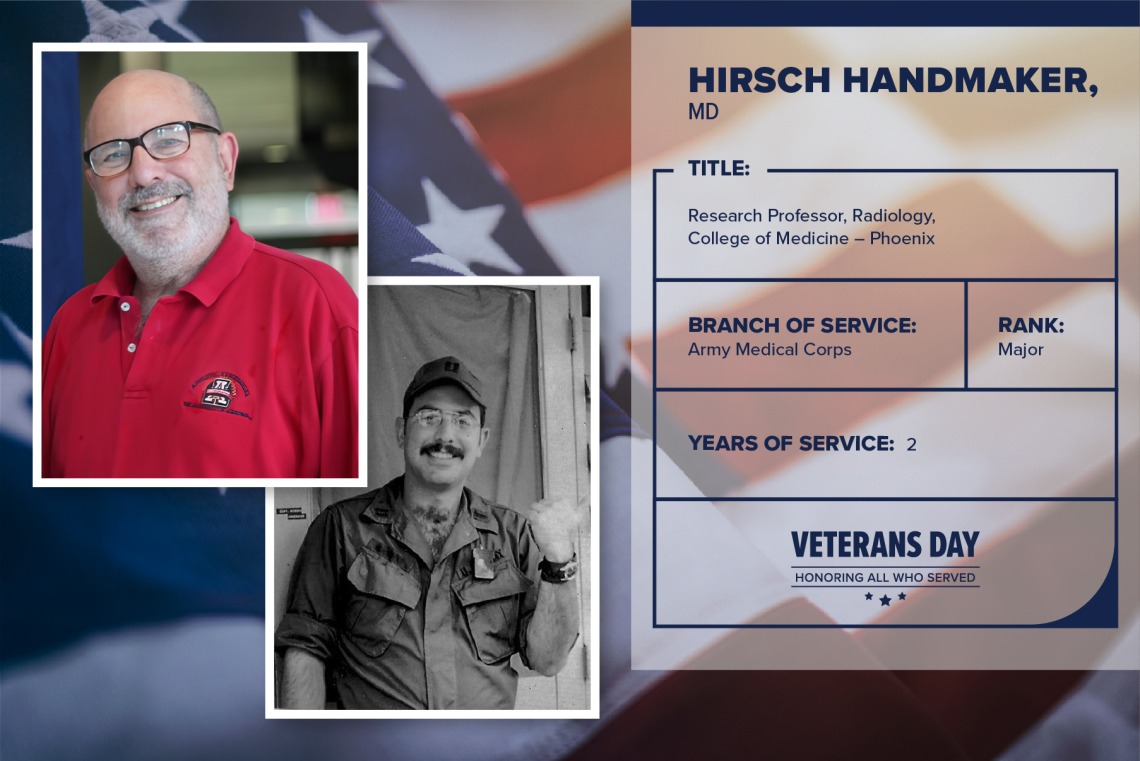 Poster with two photos of Hirsh Handmaker, one current and one of him in uniform. Text on image has his name and this information: "Research professor, Radiology, College of Medicine – Phoenix. Branch of Service: Army Medical Corps; Rank: Major; years of Service: 2."