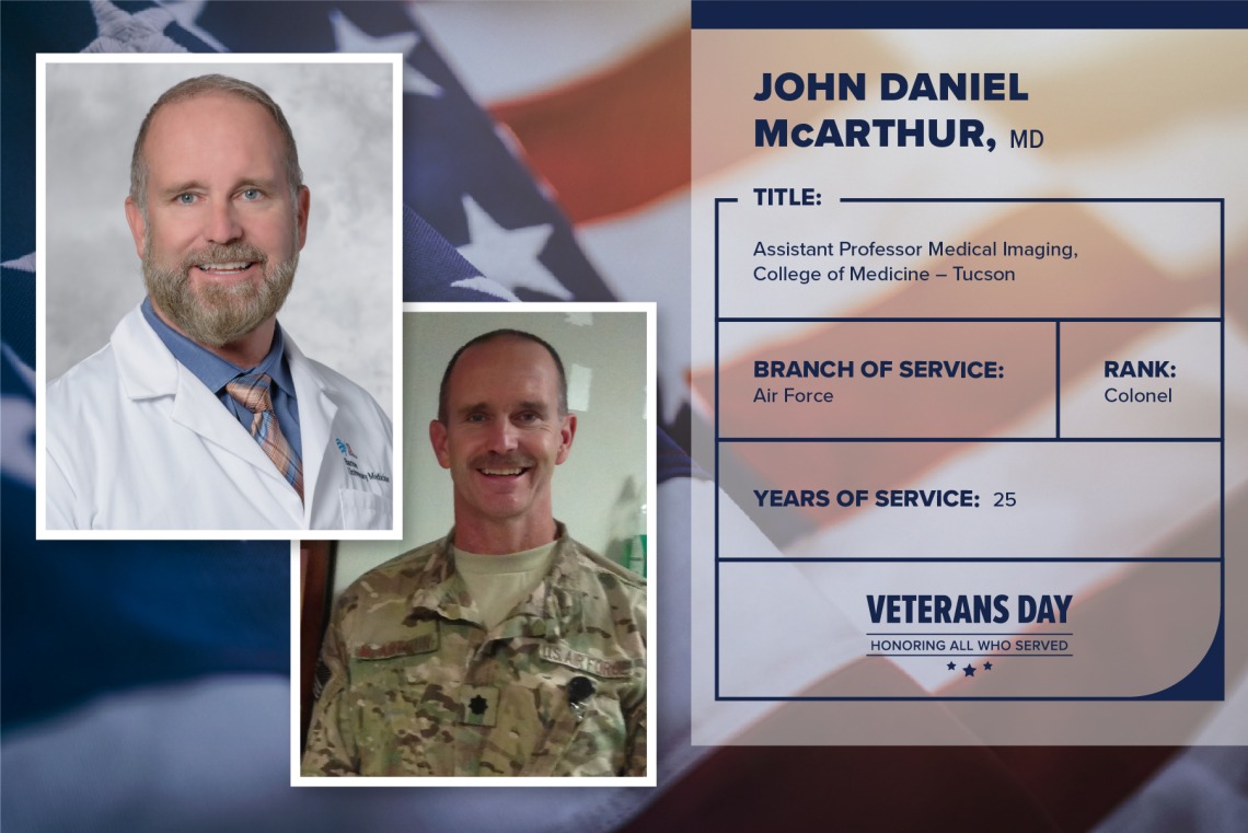 Poster with two photos of John Daniel McArthur, one current and one of him in uniform. Text on image has his name and this information: "Assistant professor, Medical Imaging, College of Medicine – Tucson. Branch of Service: Air Force; Rank: Colonel; years of Service: 25."