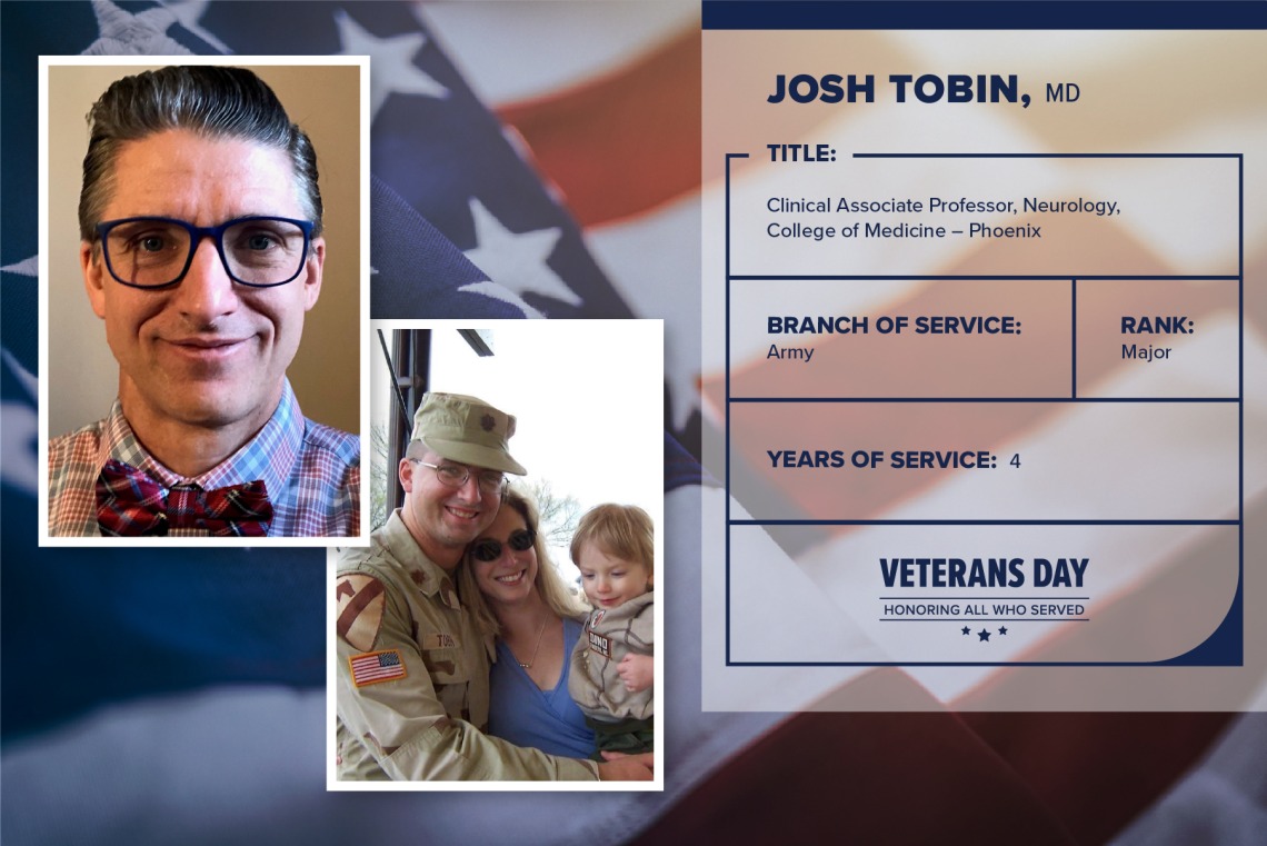 Poster with two photos of Josh Tobin, one current and one of him in uniform. Text on image has his name and this information: "Clinical associate professor, Neurology, Collge of Medicine  Tucson. Branch of Service: Army; Rank: Major; years of Service: 4."
